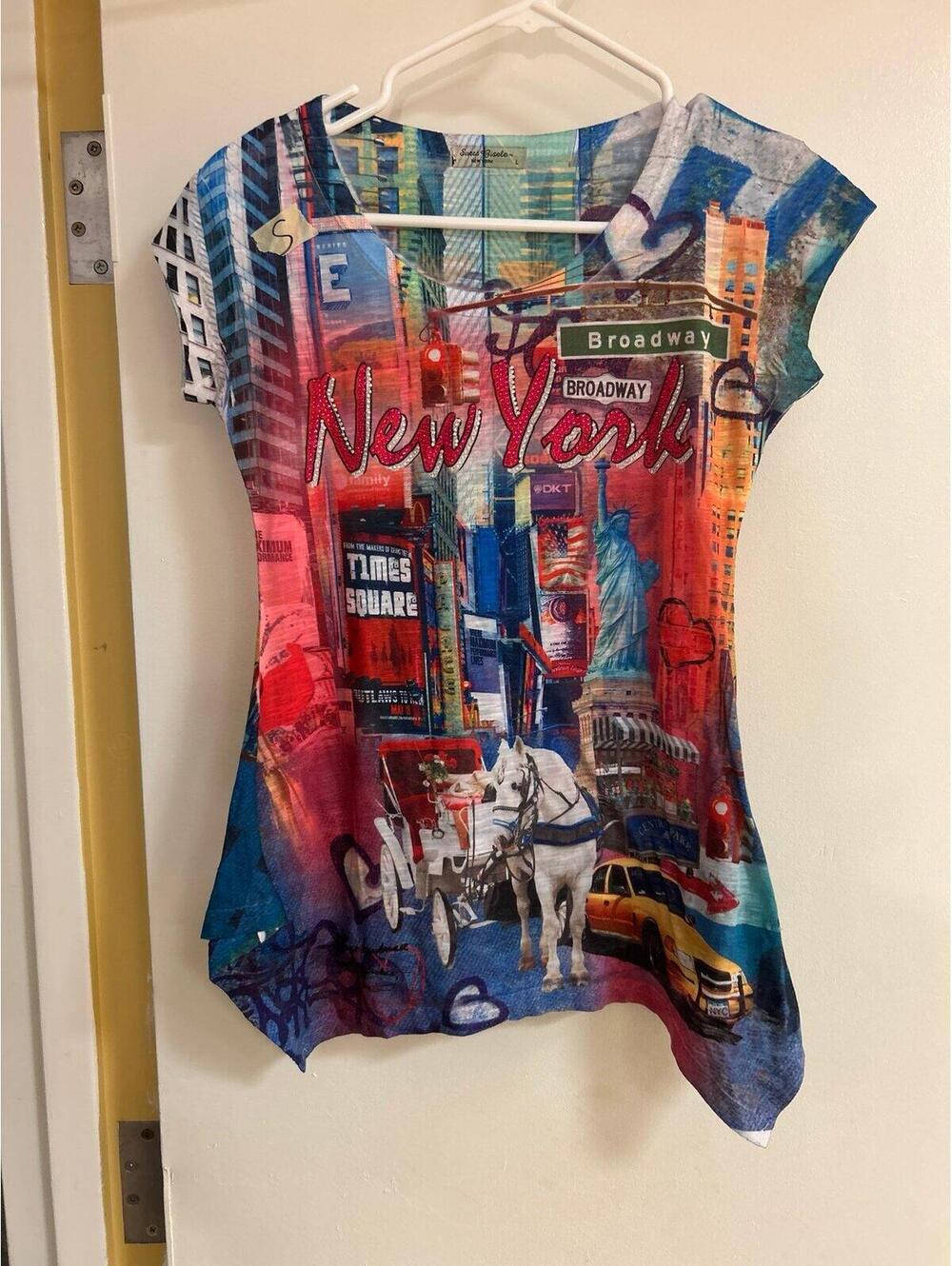 Cool Whimsical Fun Colorful “New York” Graphic T Shirt with Rhinestones